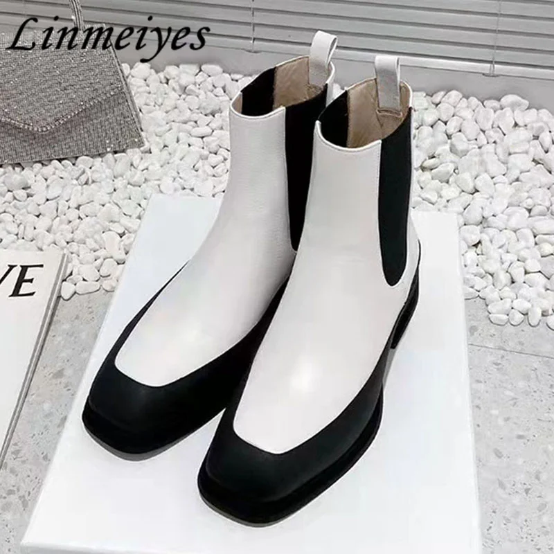 

Классические ботинки челси из натуральной кожи, женские черные, белые ботинки с круглым носком, дамские лаконичные ботинки на плоской подошве с резинкой для отдыха