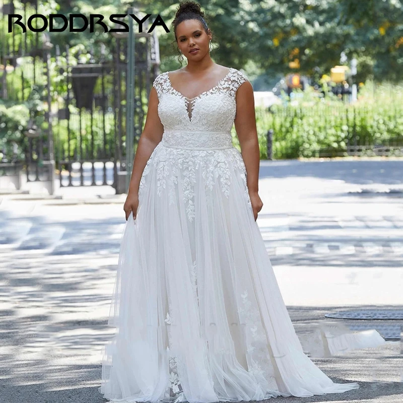 

RODDRSYA Elegant Cap Sleeve Plus Size Wedding Dress Sexy V-Neck Backless Bride Party Romantic Tulle Applique A-Line Brautkleid