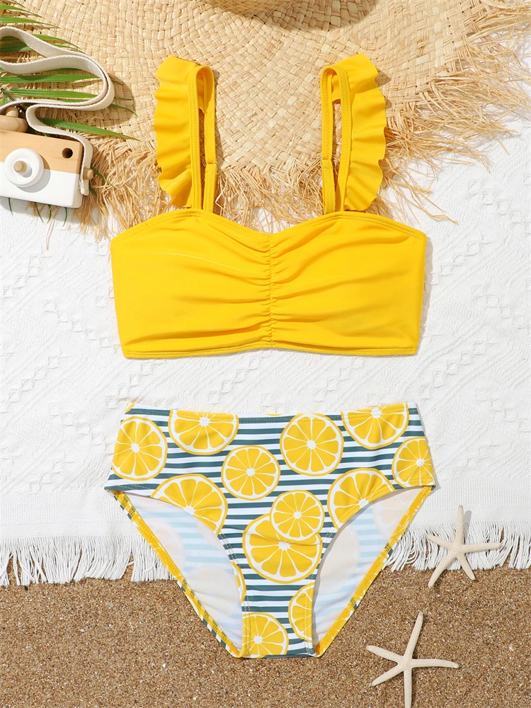 

Купальник-бикини для девочек, новинка 2023, однотонный комплект бикини на бретельках с оборками и высокой талией, детский купальник, летний детский пляжный костюм для плавания