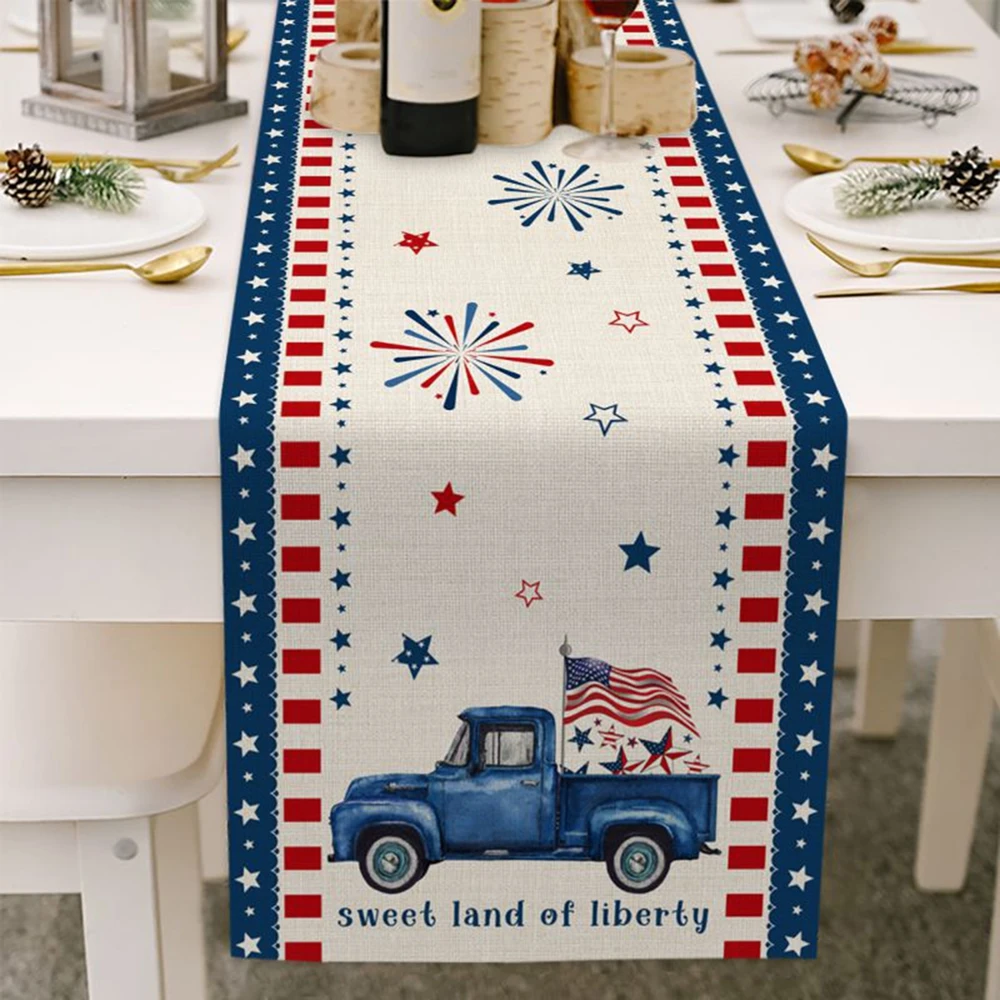 Independence Day Table Runner Cotton Linen July 4th Truck Plaid Table Covers Table Runner Dresser Scarf Party Dining Decorations images - 6