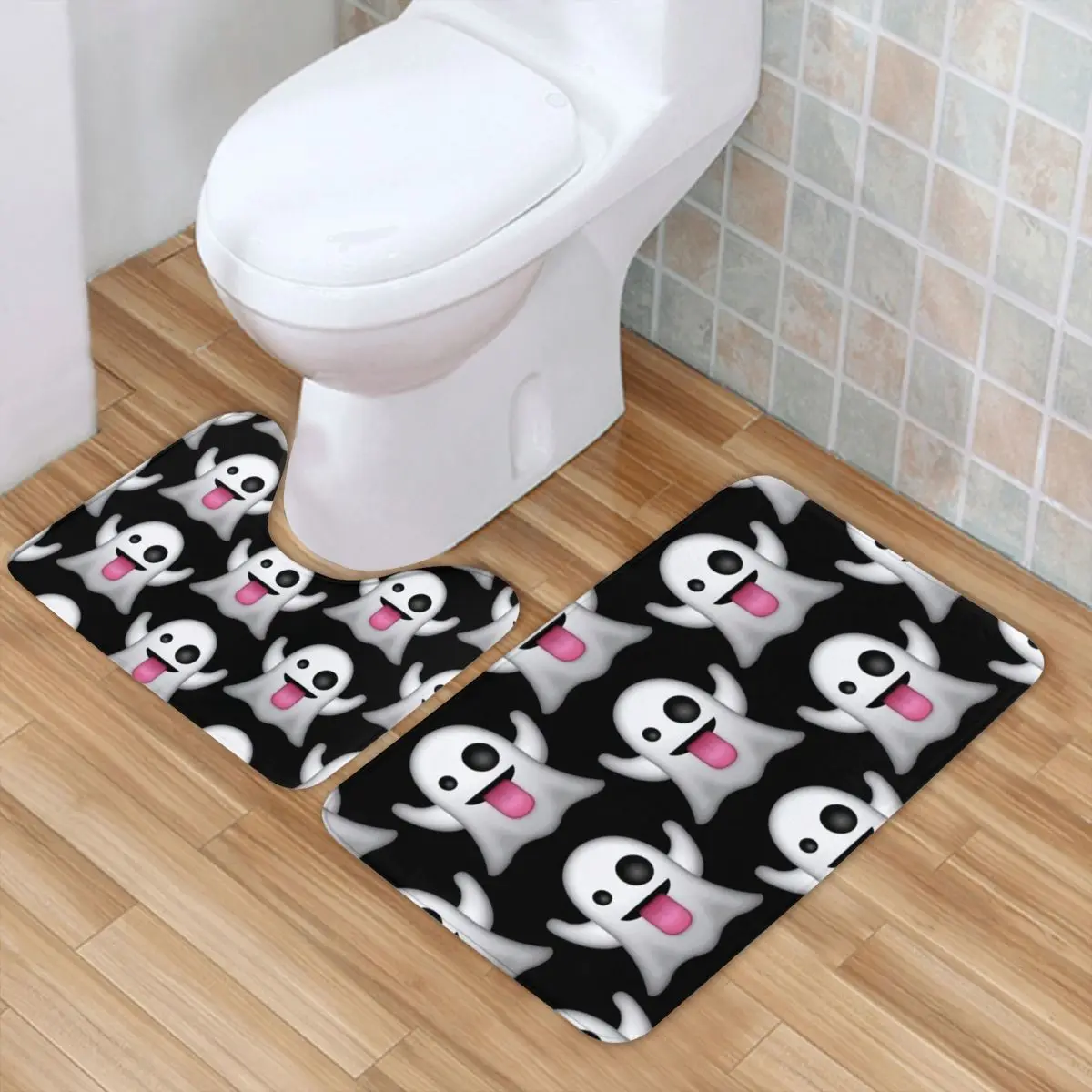

Silly Ghost Bath Mat Cute Halloween Ghosts Pet Anti-Slip 2 Piece Bathroom Mat Set Modern Polyester Bathroom Rug