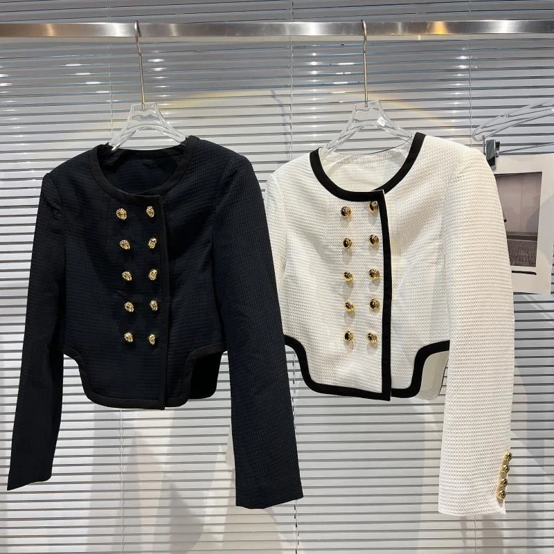

Double Row Metal Buckle Crop Jacket Black White Spring Thin Elegant Women Coat