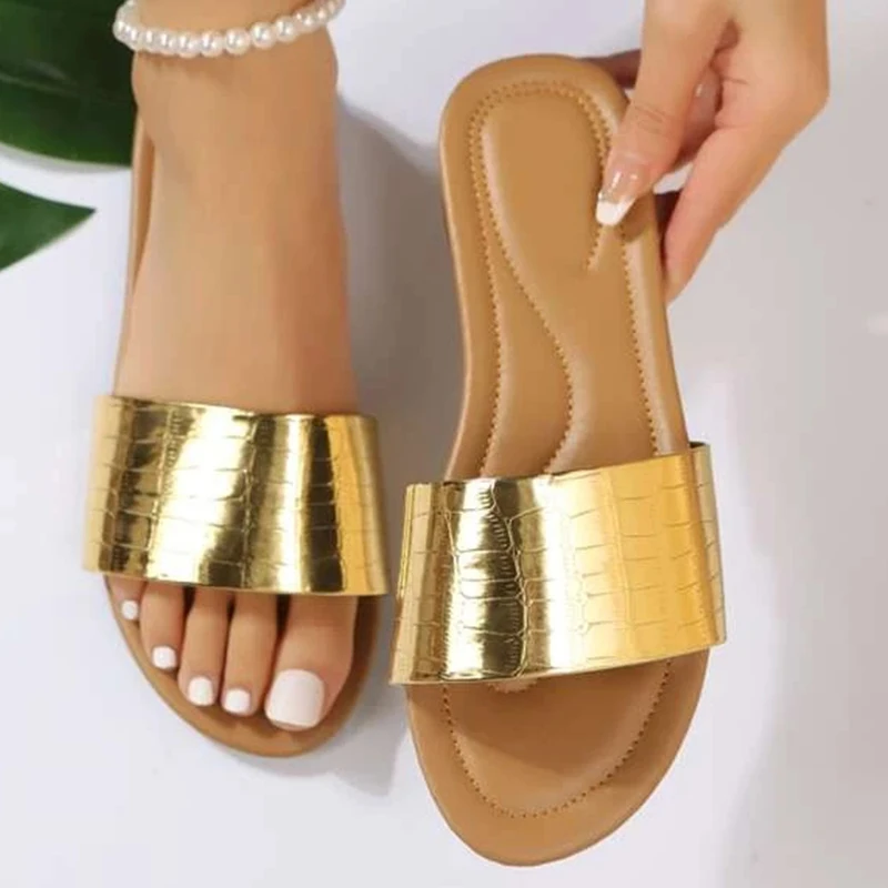 

Glamorous Gold Slides Women Crocodile Embossed Single Band Sandals Summer Outdoor Beach Woman Sexy 2023 Fashion Slippers