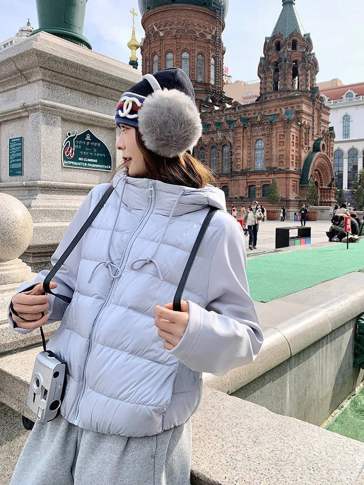 Синий короткий тонкий искусственный пуховик из двух предметов женская зима 2024