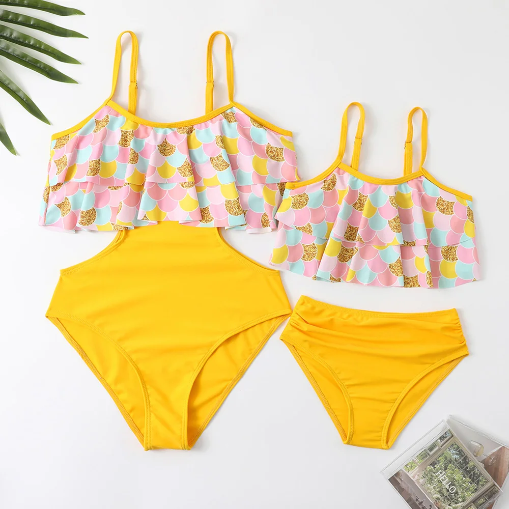 

Family Matching Swimsuits Mom and Girl Bikini Swimwear Family Look Mum Kids Daughter Holiday Beachwear Bathing Suits