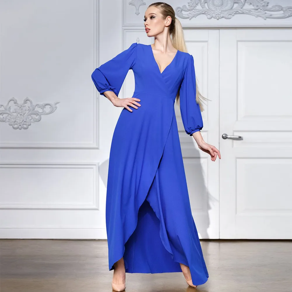 

EAEOVNI Blue Ankle Length Formal Dress Column V Neckline Long Sleeves Slit Simple Evening Dress Zipper Midi Modern Evening Gown