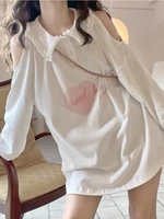 deeptown kawaii oversized sweatshirts women japanese harajuku heart print off shoulder hoodies long sleeve sweet tops soft girl