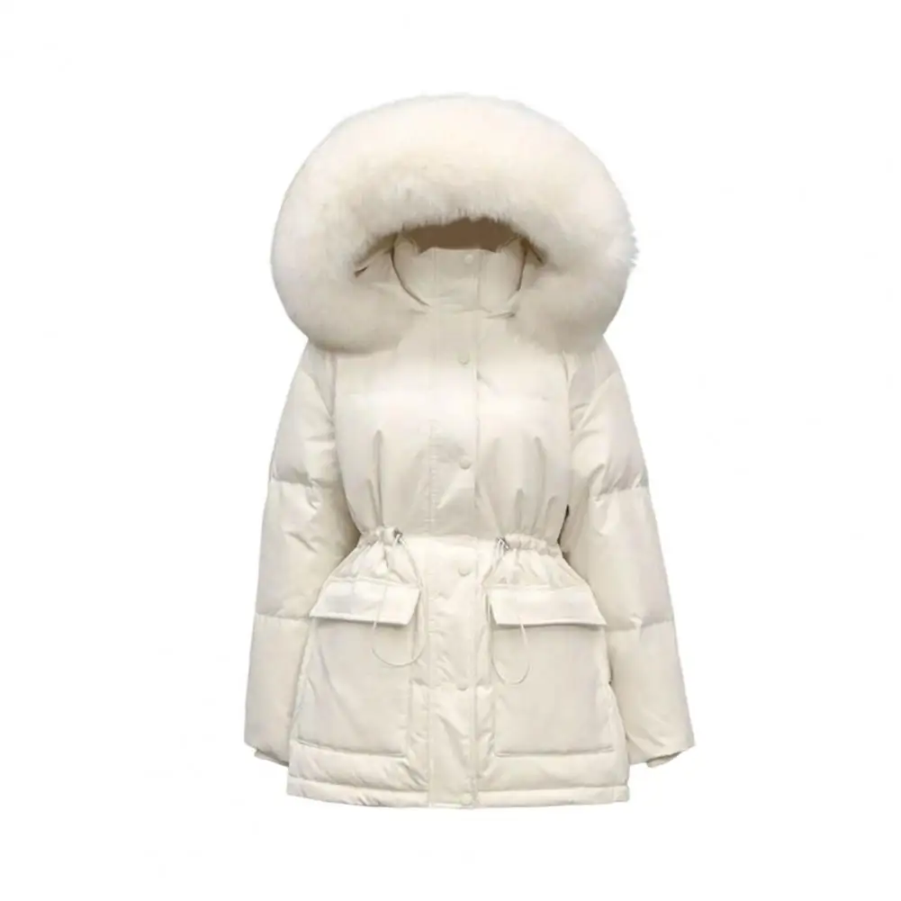 Winter Cotton Coat Padded Plush Furry Hat Hooded Long Style Cold-proof Solid Color Long Sleeves Lady Winter Coat for Outdoor
