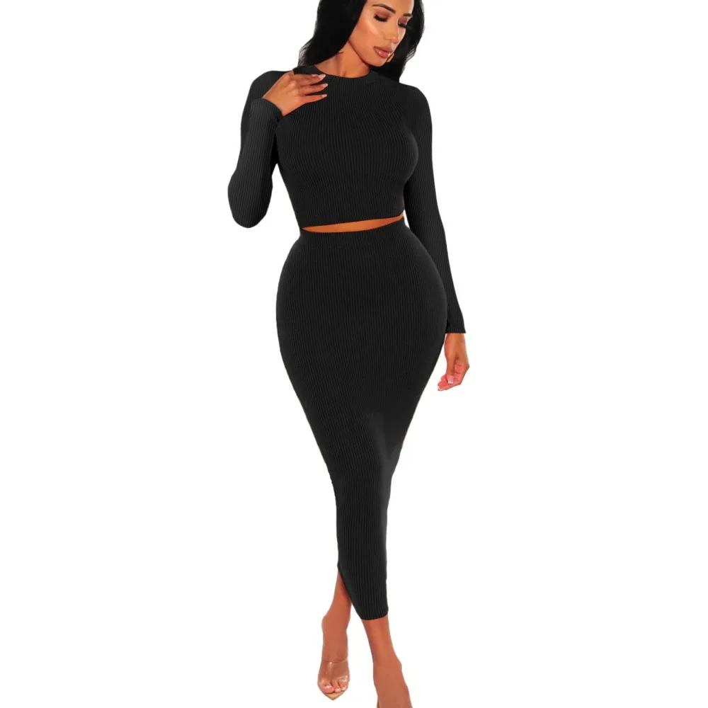 

Black Round Neck Crop Top And Skinny Skirts Two Piece Sets For Women Autumn/Winter Fashion Tshirt Wrap Hip Skirt 2PCS Outfits