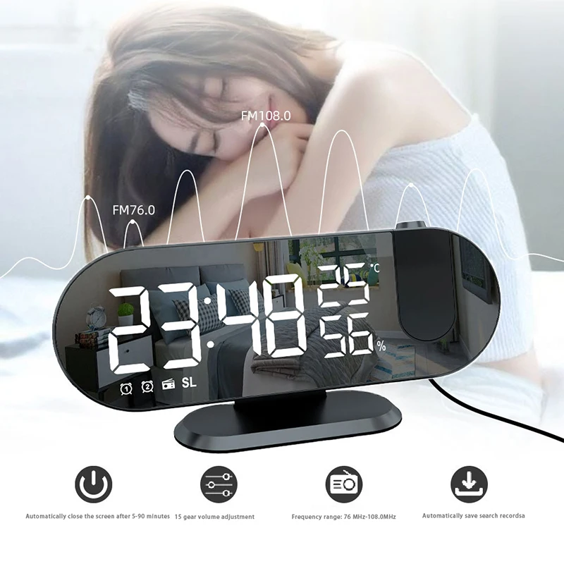 

FM Radio LED Digital Smart Alarm Clock Table Electronic Desktop Clocks USB Wake Up Wall Clock with 180° Time Projector Snooze