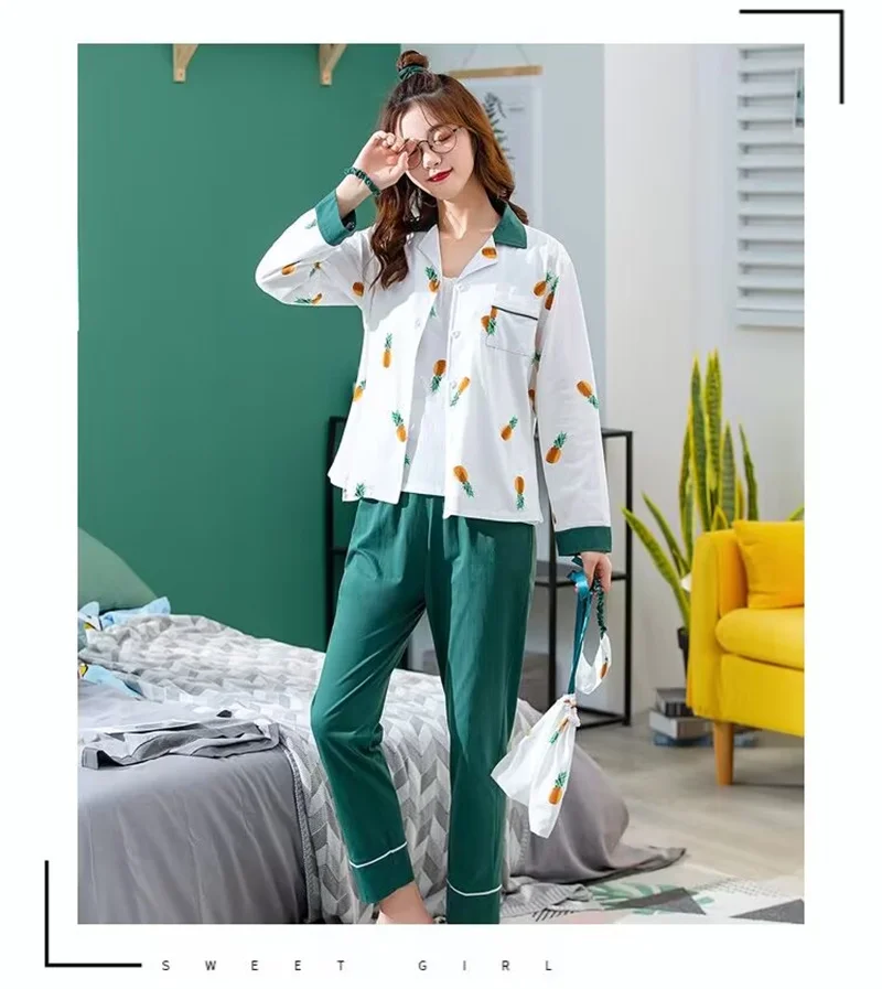 100% Cotton Pajamas Set Women Sweet Cartoon Print Full-Sleeve Shirt Pyjamas Top Soft Homewear Clothes Big Size 7PCS/Set