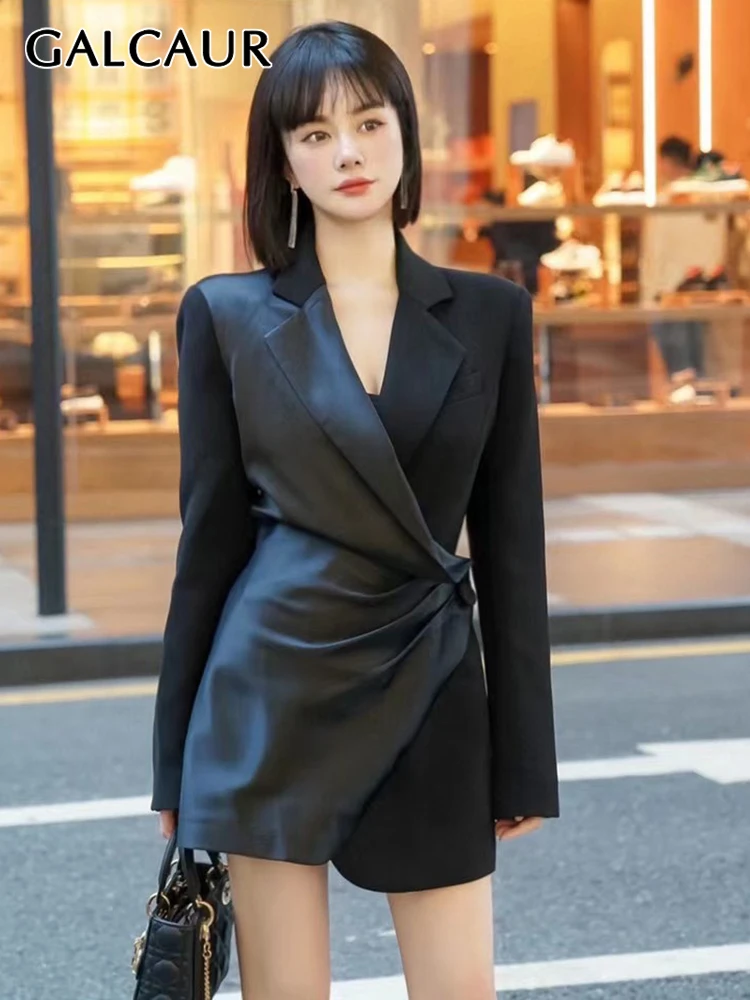 

GALCAUR Solid Blazer For Women Notched Collar Long Sleeve Patchwork Buttons Gathered Waist Blazers Female Clothes 2022 Style New