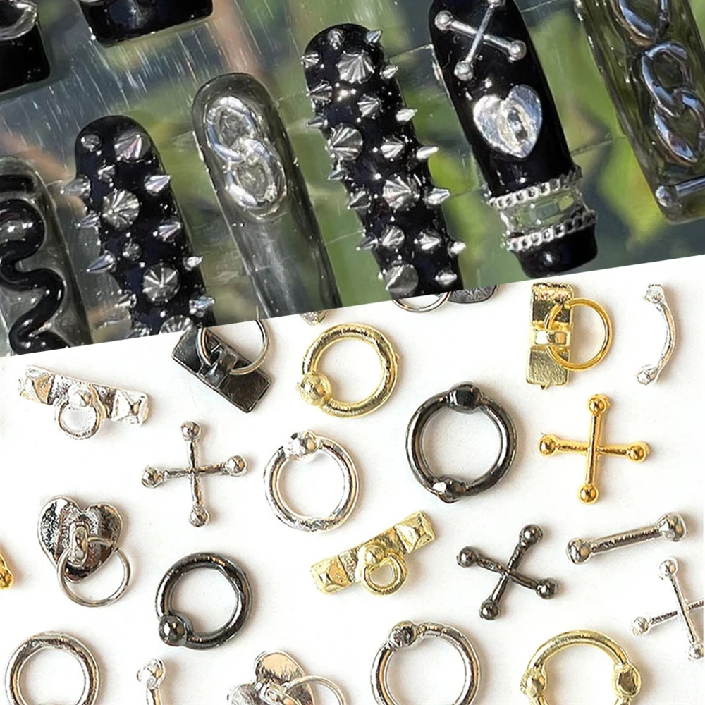 30pcs Punk Silver Cross Stud Nail Charm 3D Alloy Ancient Gothic Ring Lock Nail Decor Parts Punk Pierced DIY Nail Accessories