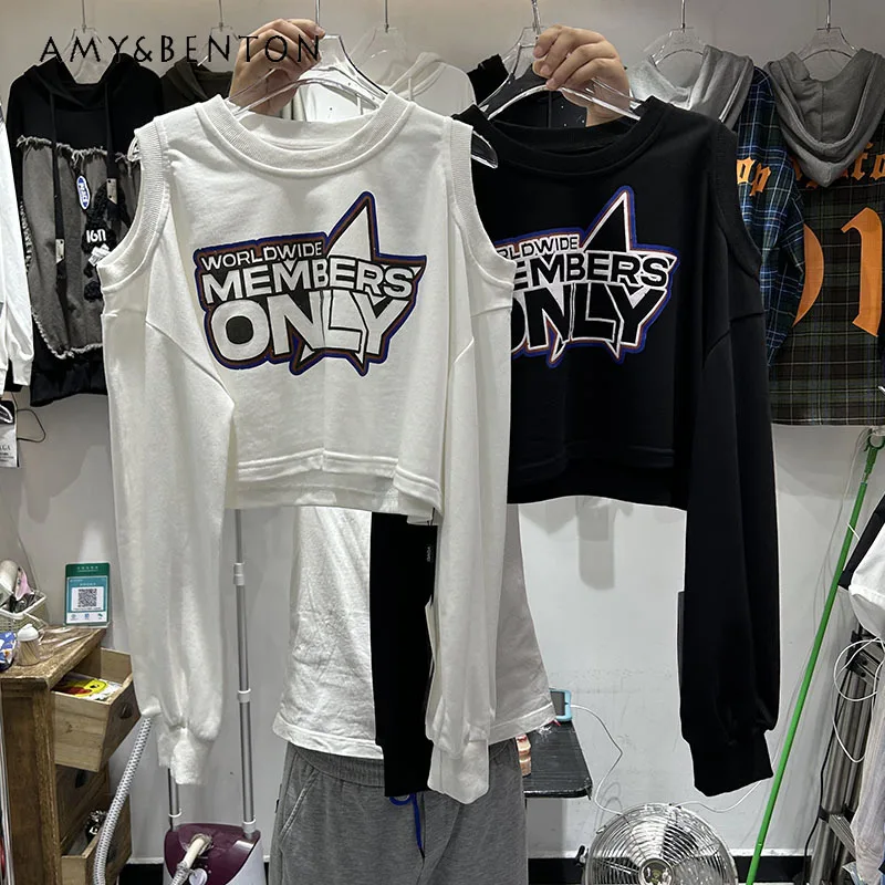 

American Hot Girl Off-the-Shoulder Short Sweatshirt Long Sleeve Female 2023 Early Autumn New Pullover Loose High Waist Crop Tops