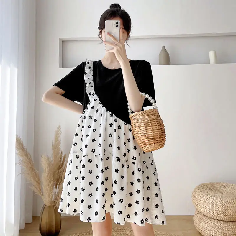 

Maternity 2022 Spring and Summer New Fashion Stitching Color a Word Reduced Age Long Slim Dress