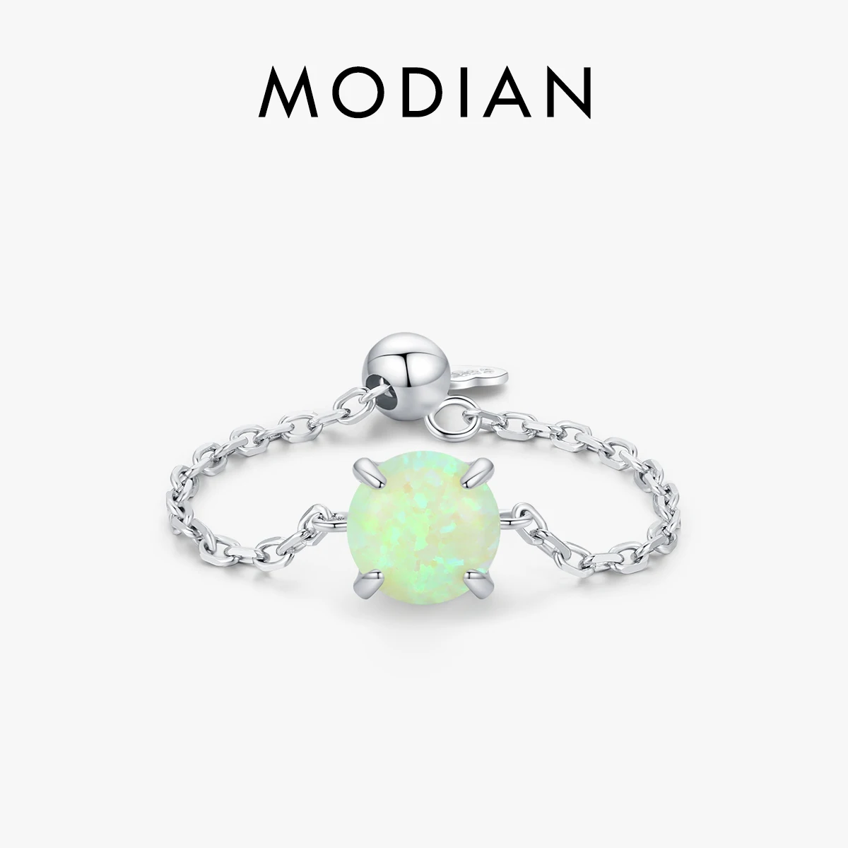 

Modian Solid 925 Sterling Silver Round Elegant Opal Adjustable Ring Classic Wedding Link Chain Finger Rings For Women Jewelry