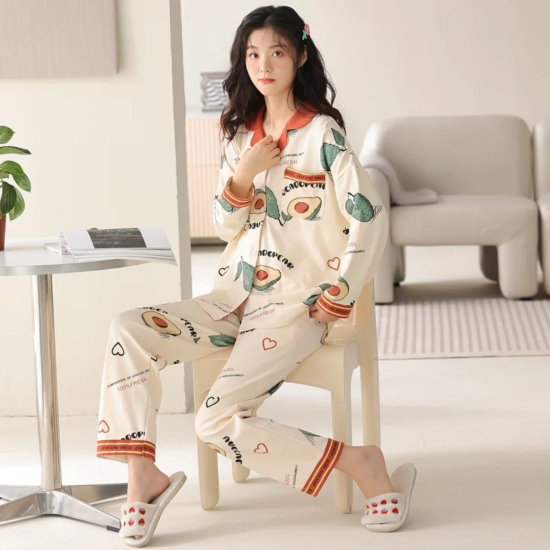 Yasuk Spring Autumn Fashion Women Casual Soft Print Sleepwear Homewear Pajamas With Pants Sweet Fruits Avocados Simple Cotton