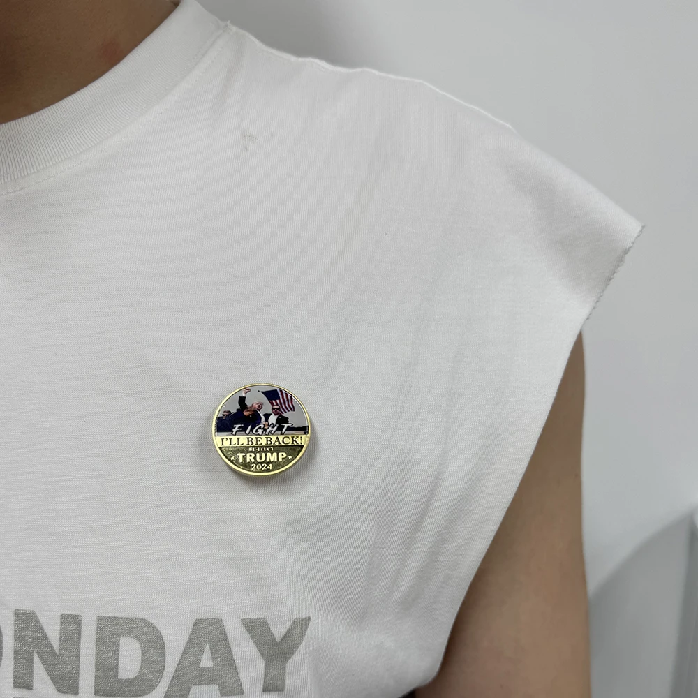 Золотые булавки с монетами Трампа 2024 броши изображением драки стрельбы я вернусь