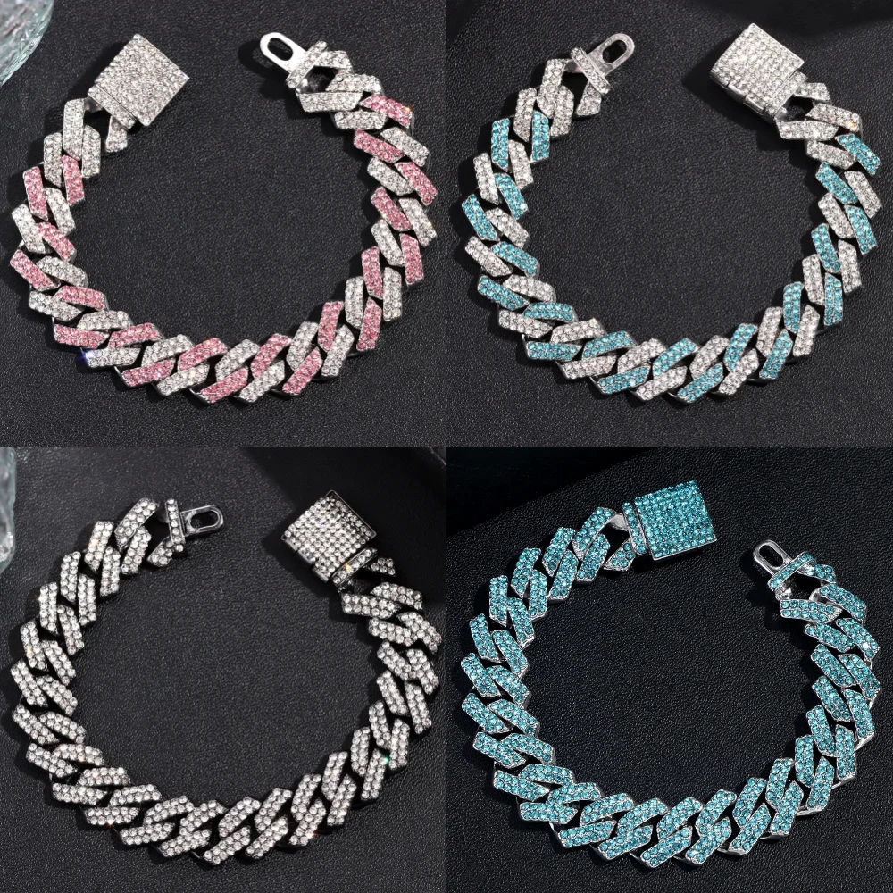 Fashion Pink Blue Iced Out Crystal Prong Cuban Link Chain Bracelet for Women Bling Rhinestone Cuban Bracelets Hip Hop Jewelry