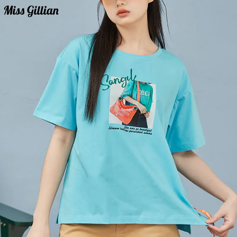 

Summer Short Sleeve Blue T-shirts Women O Neck Casual Tops 2023 Fashion Print Korean Style Female Clothing Loose Kpop Basic Tees
