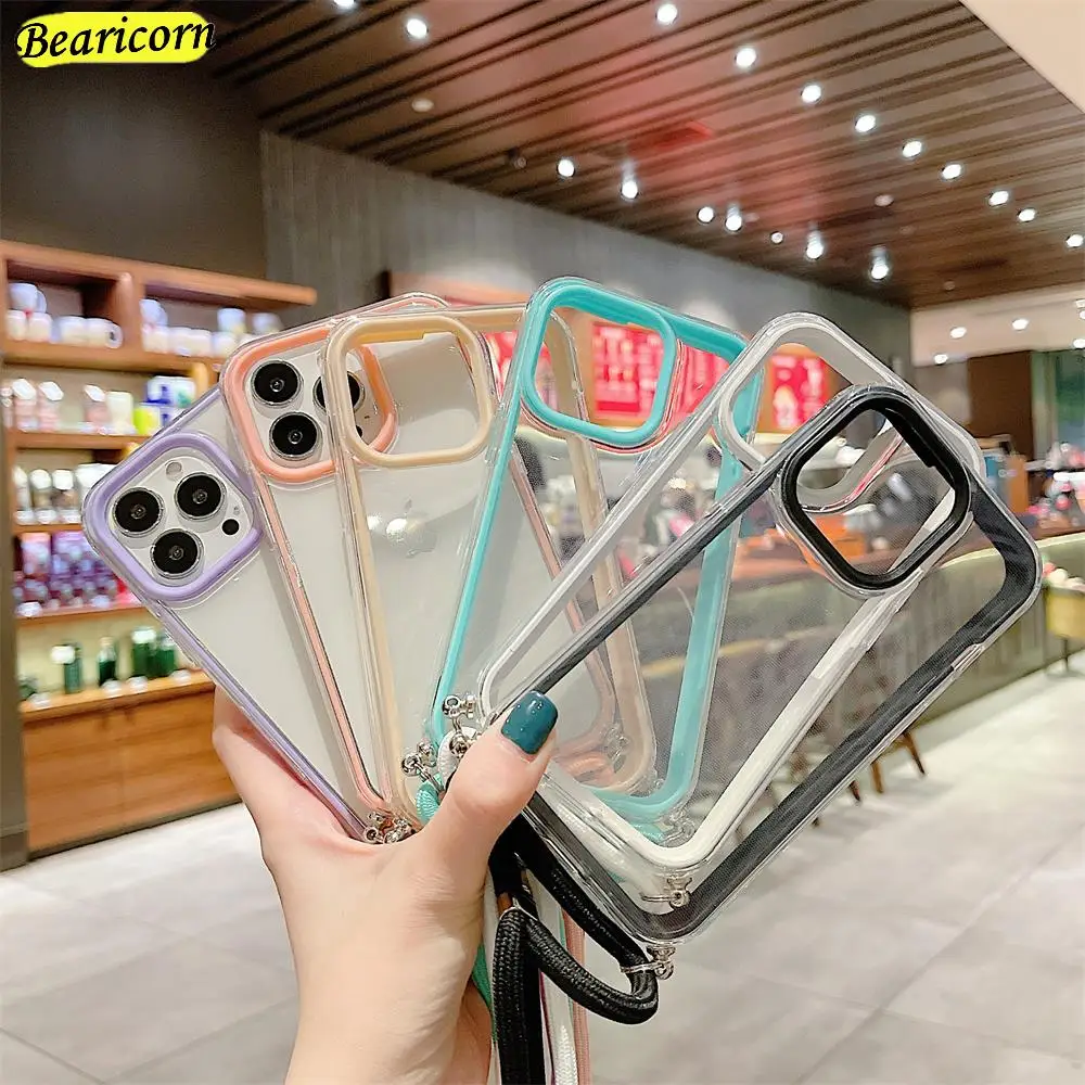 

3 in 1 Crossbody Necklace Cord Lanyards Transparent soft Phone Case For Samsung Galaxy A02S A03S A12 A21S A22 A32 A52 Soft Cover