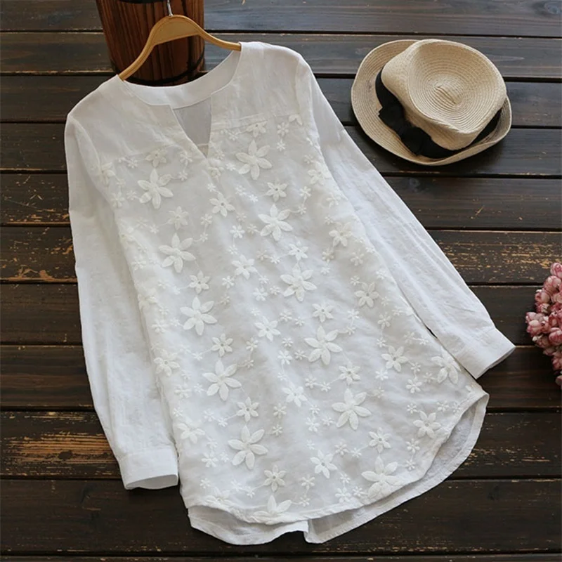 

Casual Loose Long Sleeve White Blouse Women Spring Fall V-neck Lace Y2K Clothes Solid Color Plus Size 5XL Shirt Top Office Lady