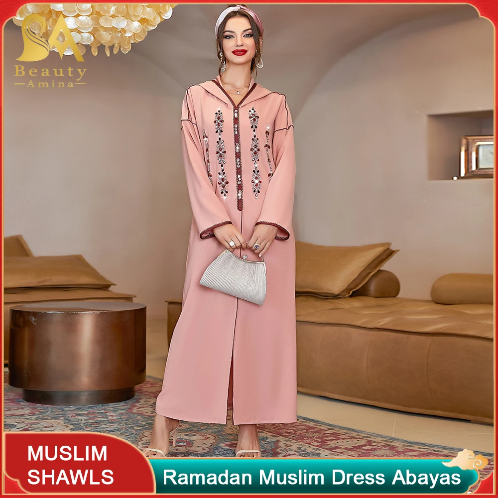 Muslim Long Dress Abaya Robe V-neck Red Sparkling Rhinestone Arabian Dress Women's Ramadan Dress Dubai Turkey Travel Long Skirt