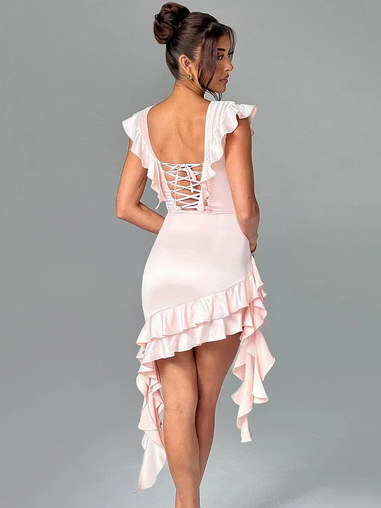 Mozision Deep V Neck Backless Draped Ruffle Mini Dress For Women Fashion Sleeveless Bodycon Club Party Sexy Elegant