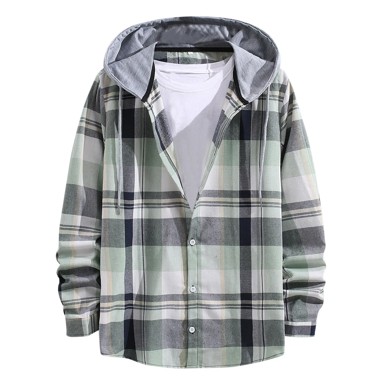 

Men's Single Breasted Hooded Popular Fashion Plaid Printing Drawstring Long Sleeves Top Blouse Coat Apparel Short