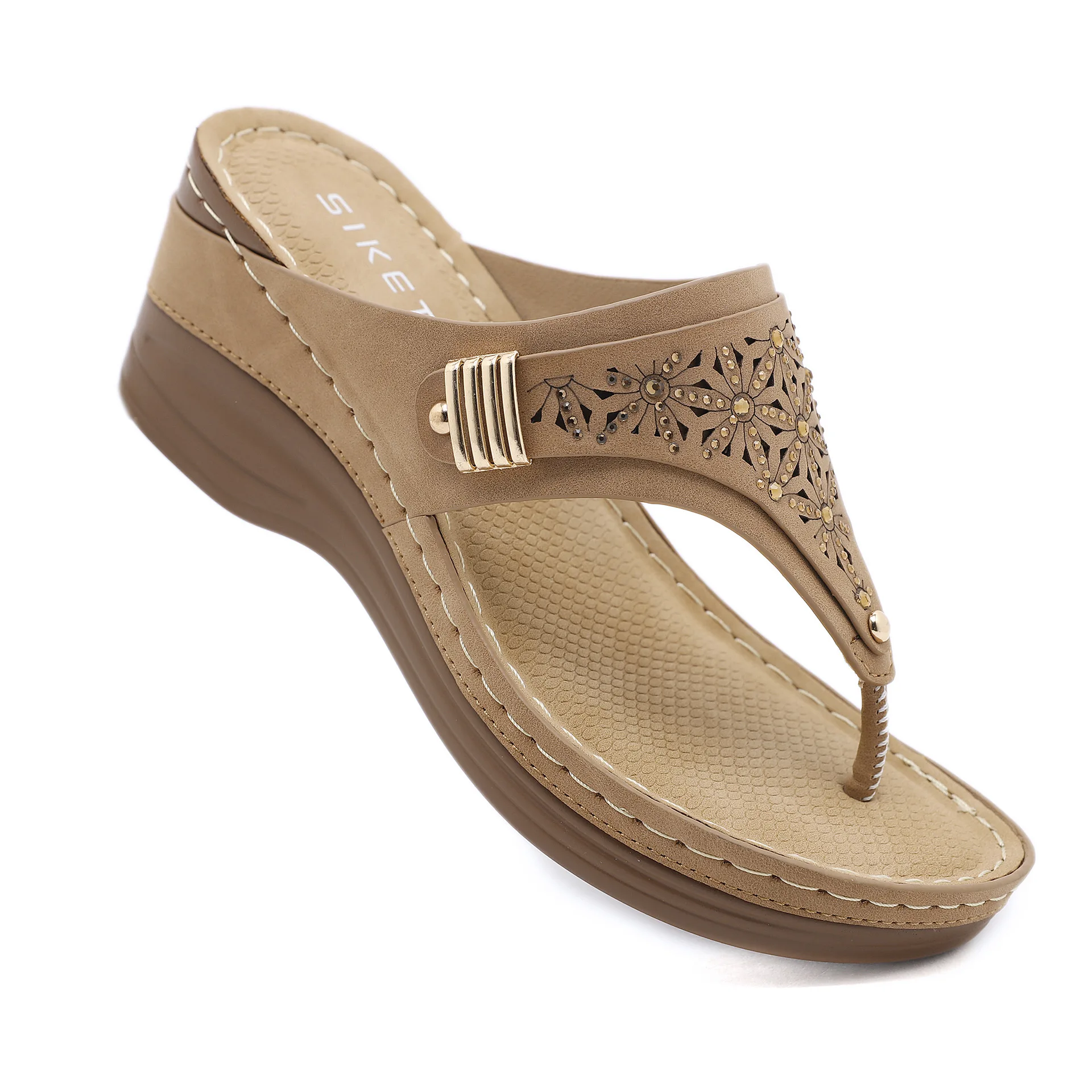 

SIKETU Brand Summer Fashion Women Wedge Slippers Flower Rhinestone Hollow Out Sewing Thread Clip Toe Slides Waterproof Metal 42