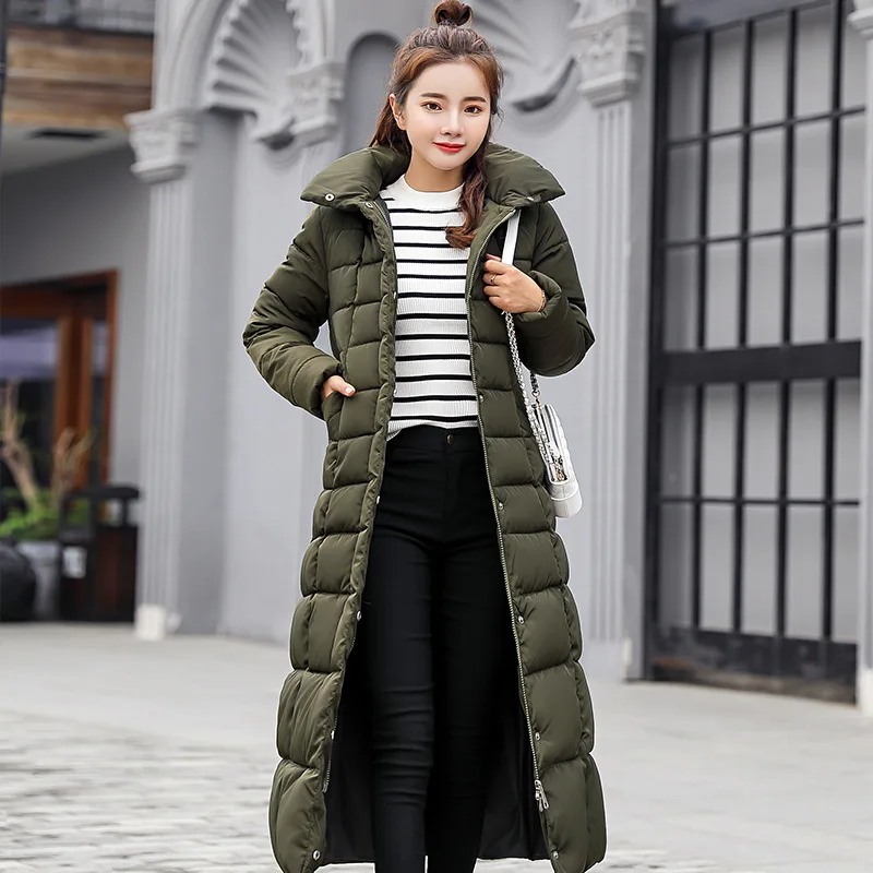 Women Winter Long Jacket Knee Coat Slim Warm Parka Hooded Fur Collar Long Coat Fashion Bow Belt Outwear Thick Coat