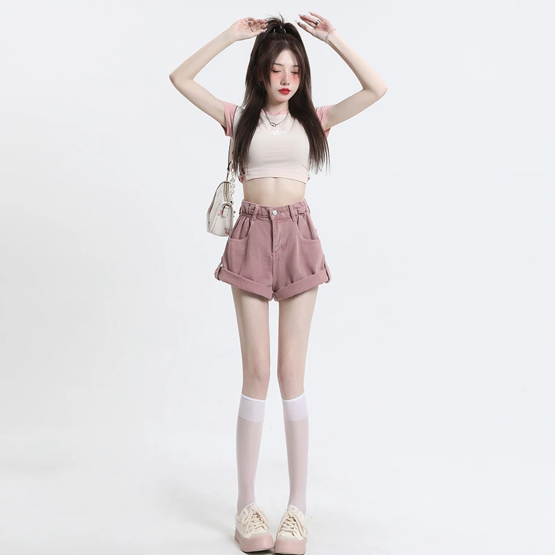 2023 Denim Shorts Women's Pink Black High Street Versatile Fashion Trend Summer High Waist Spicy Girl A-line