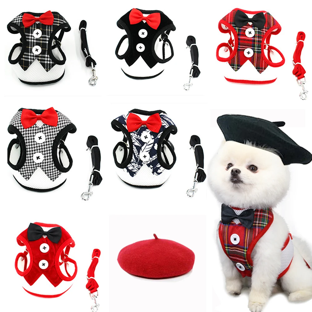 

1pc Elegant Bow Dog Harness Vest Adjustable Soft Breathable Mesh Necktie Traction Rope Pet Harness with Leash for Puppy Cat