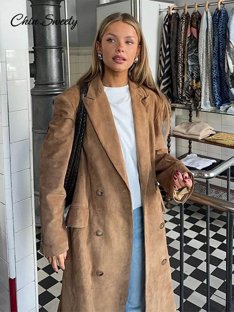 Женский Длинный замшевый тренчкот элегантный двубортный большого размера с