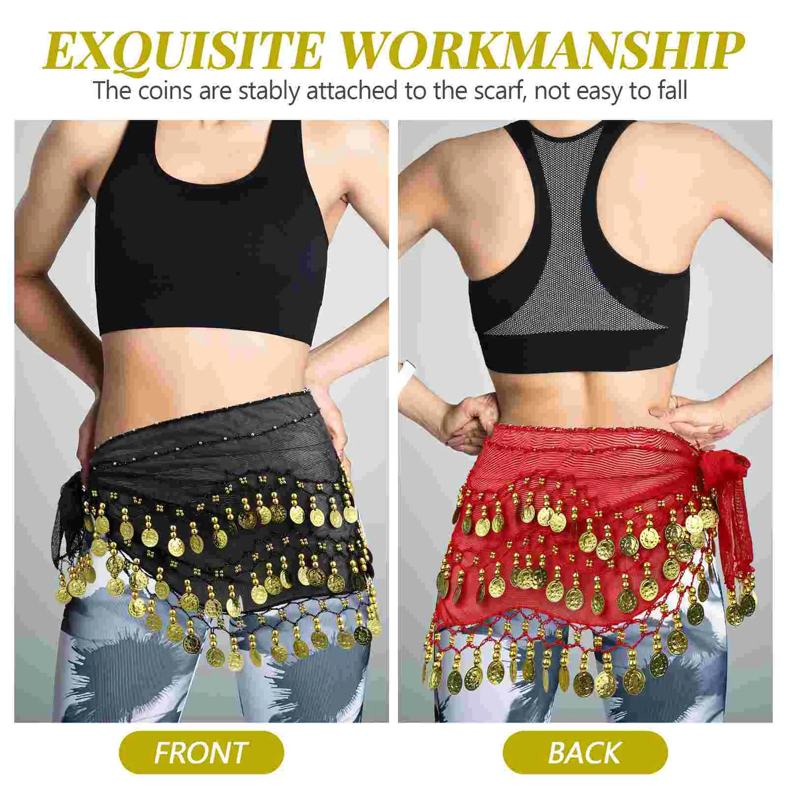 2 Pcs Belly Dancing Waist Chain Dance Hip Scarf Coins Hood Women Hijab Pirate Belt Black Outfit
