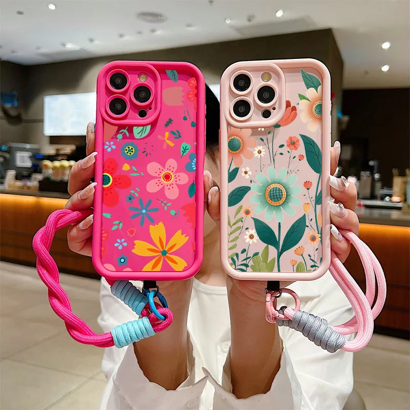 Чехол для телефона с ремешком на запястье iPhone 11 12 13 14 15 16 Pro MAX XS Max XR 7 8 Plus милым