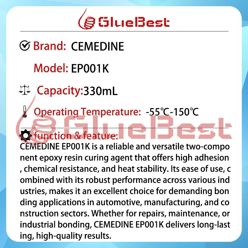 CEMEDINE EP001K Двухкомпонентный агент для отверждения эпоксидной смолы для сильного склеивания и химического сопротивления Оригинальный продукт (art.: 3920cd96ded60) - 3920cd96ded60