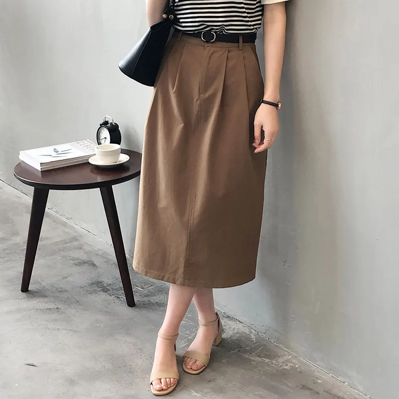 

COIGARSAM Women Skirt Spring 2022 New Vintage High Waist Rice White Khaki Skirts Dropshipping