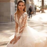 fairy wedding dresses appliques beads tiered illusion vestidos de novia v neck full sleeve backless woman luxury robe de mariee