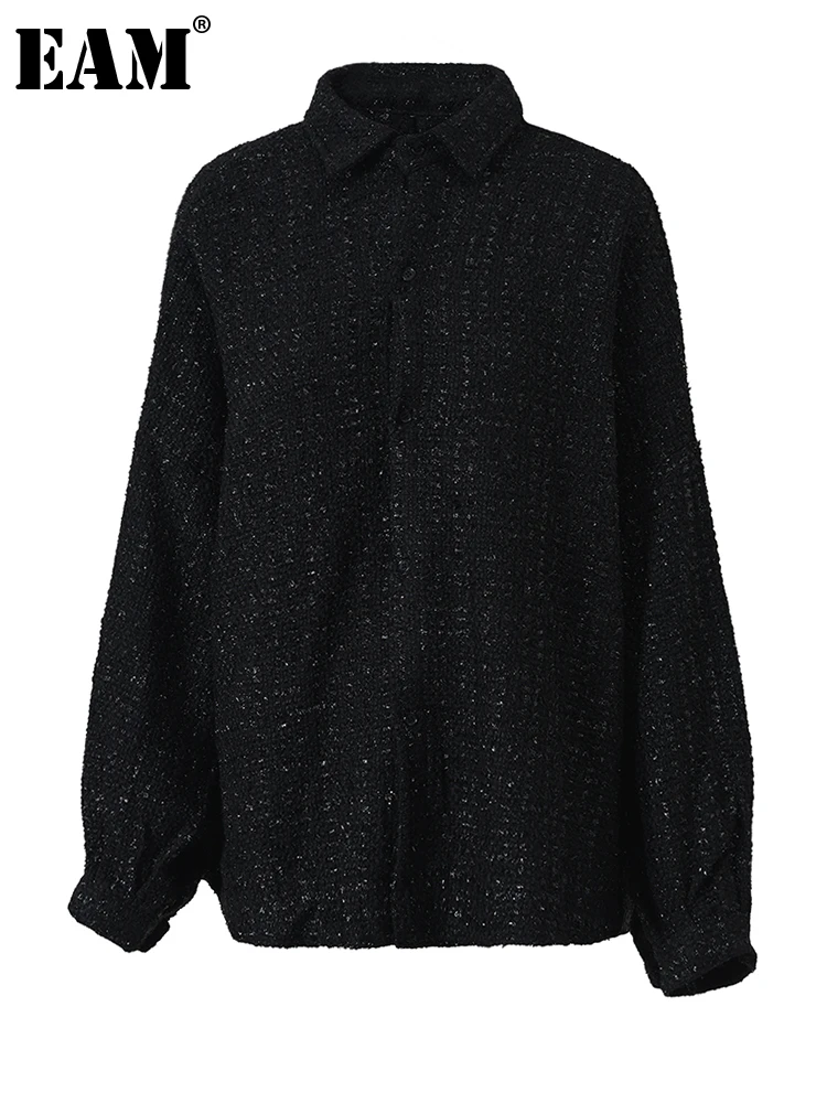 

[EAM] Women Black Big Size Elegant Blouse New Lapel Long Sleeve Loose Fit Shirt Fashion Tide Spring Autumn 2023 1DF084301