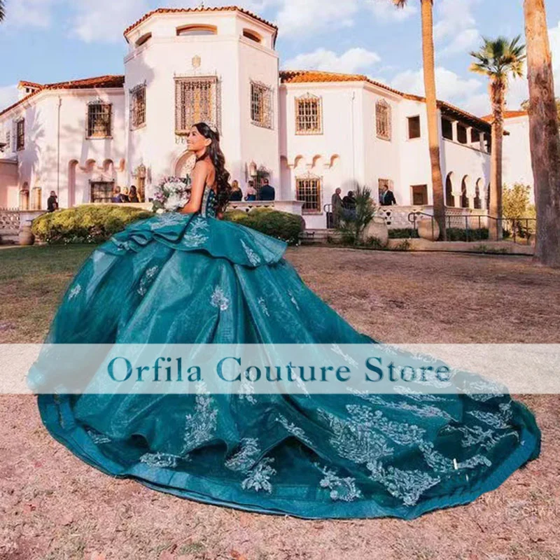 Фото Темно-зеленое платье Charro Quinceanera 2023 милое платье с бусинами и аппликацией для девушек мексиканское платье 15 лет милое 16 нарядное платье №4