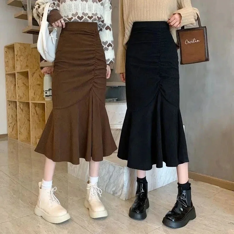 

Vintage Corduroy Trumpet Women Skirt Elegant High Waist Black Midi Skirts Korean Fashion Style Ruffles Solid Color Faldas Mujer
