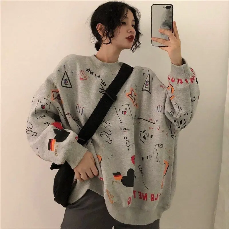 Autumn Winter 2021 New Women's Sweetshirts Korean Cartoon Print Casual Loose Long Sleeves Harajuku Hoodie Kawaii Couples Clothes