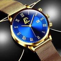fashion mens watches luxury gold stainless steel mesh belt quartz wrist watch luminous clock men business casual leather watch
