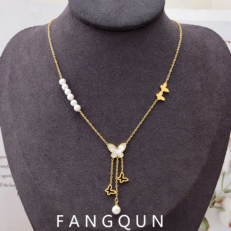 

Fashion Butterfly Pearl Necklace Female Titanium Steel Hollow Long Tassel Pendant Fashion Clavicle Chain For Women