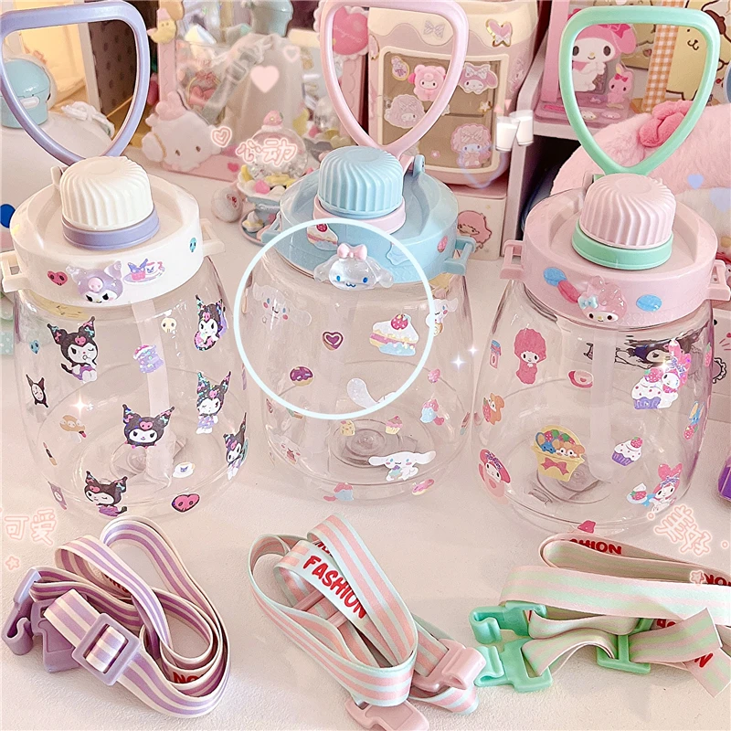 

Kawaii Sanrios Anime Cinnamoroll Kt Portable Straw Cup Potted Strap Strap Straw Cup Kuromi My Melody Student Girl Juice Bottle