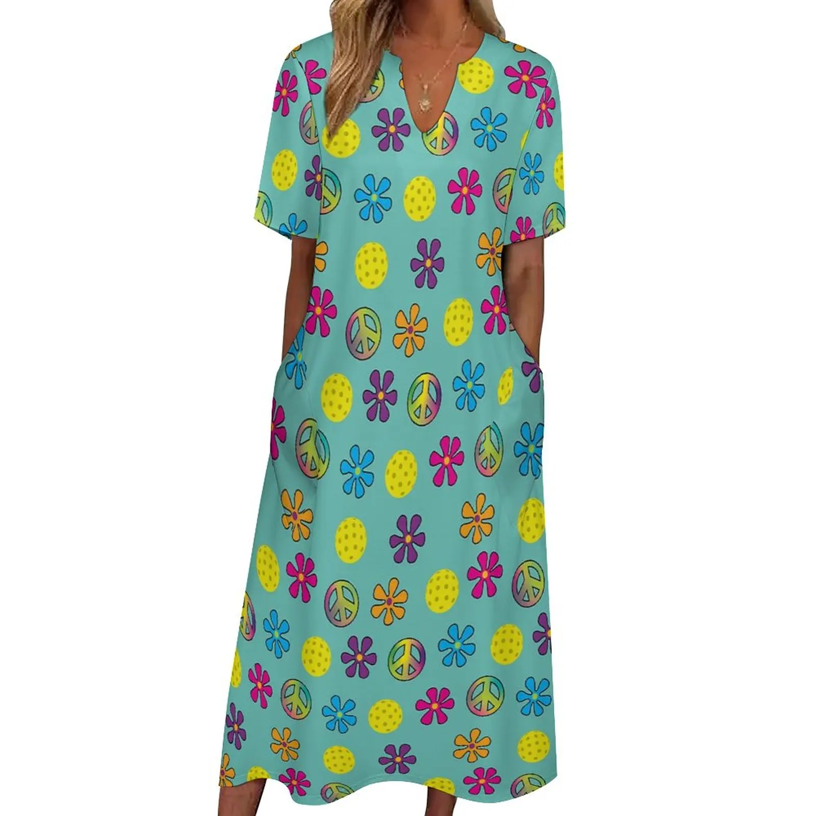 

Peace Love Dress Pickleball Print Party Maxi Dress Aesthetic Boho Beach Long Dresses Summer V Neck Printed Vestido Large Size