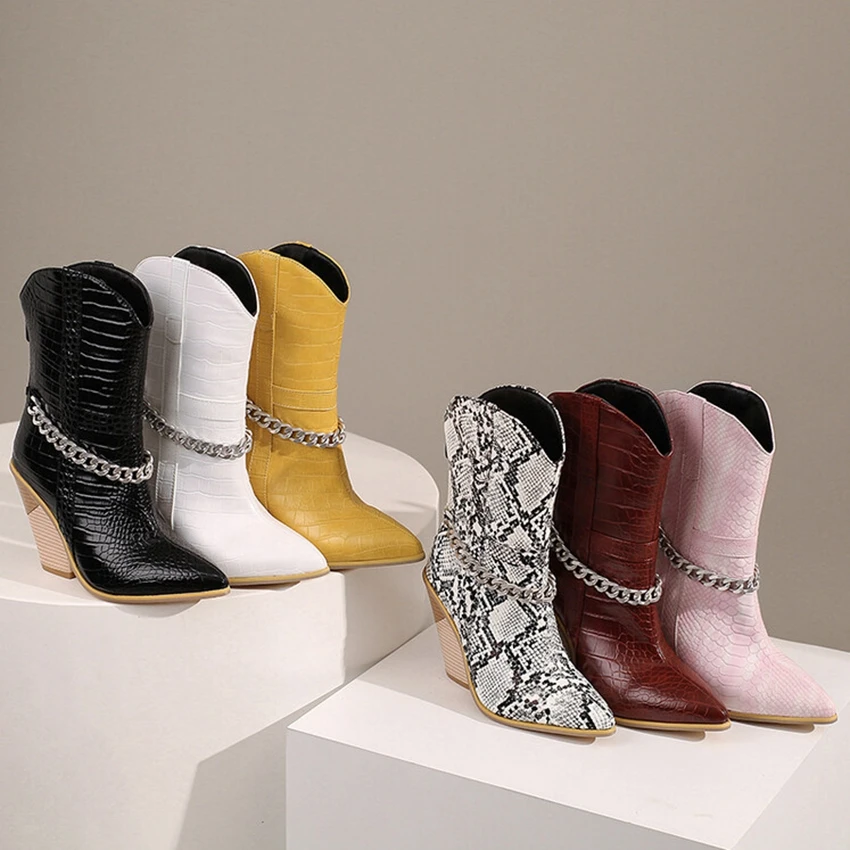Eokkar Wedges Cowboy Ankle Boots for Women Stacked High Heel Cowgirl Boots Western Chain Pointed Toe Mid Calf Boots White Boots