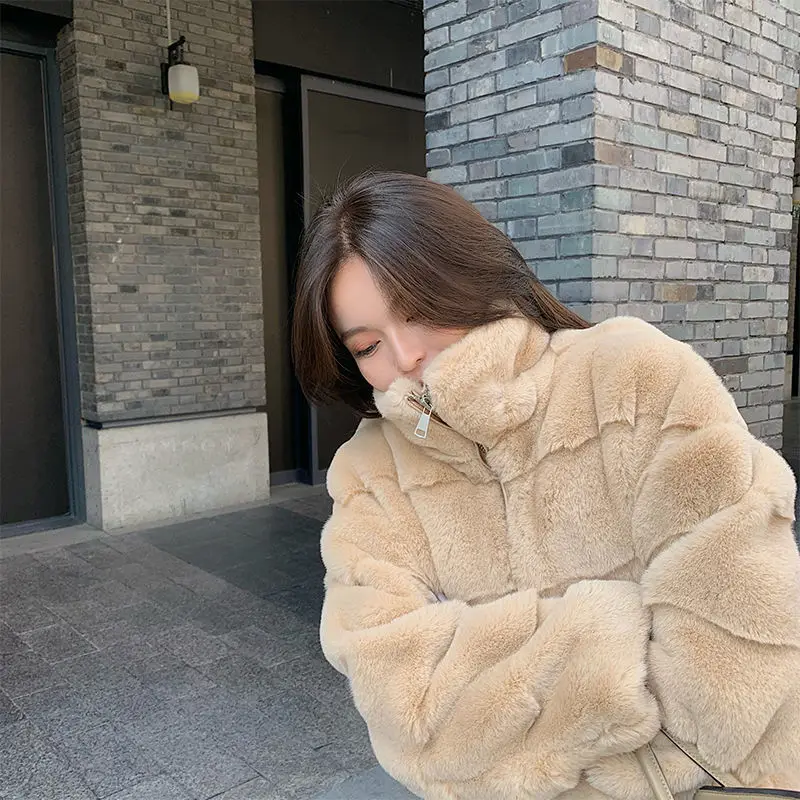 rabbit Fur coat khaki women's top faux fur coat zipper luxury autumn luxury Winter Faux Mink Fur Coat Women Thicken Korean