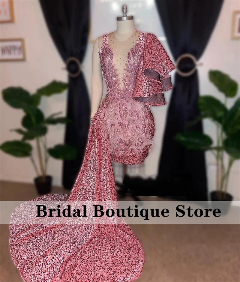 

Luxury New Arrival 2023 Prom Dresses Feathers rystal One Sleeve Sheer Neck Party Gowns Cocktail Robe De Bal